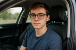 cara de joven de 20 años con lentes en su auto